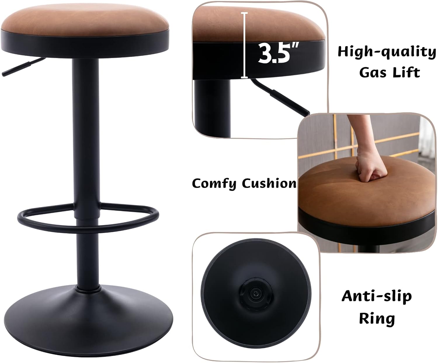 CIMOTA Swivel Round Bar Stools Set of 4 Backless Adjustable Counter Height Barstools Modern Industrial PU Leather Bar Stool Chair for Kitchen/Home Bar/Pub/Bistro/Office, Retro Brown