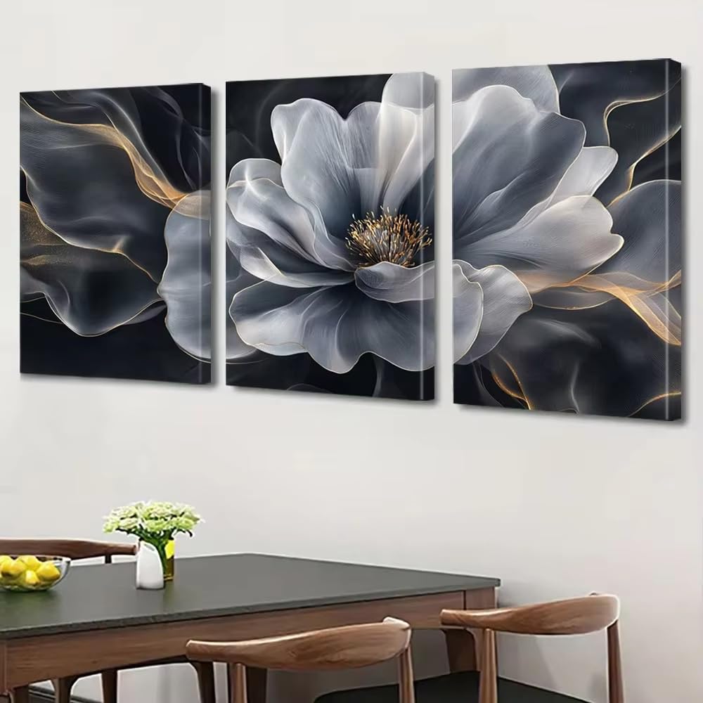 awtrhfc Grey Floral Wall Art Prints - Cartoon-Style Blooming Flowers with Golden Accents, Frameless Horizontal Canvas Posters(30x40cm(12x16in) x3/No frame)