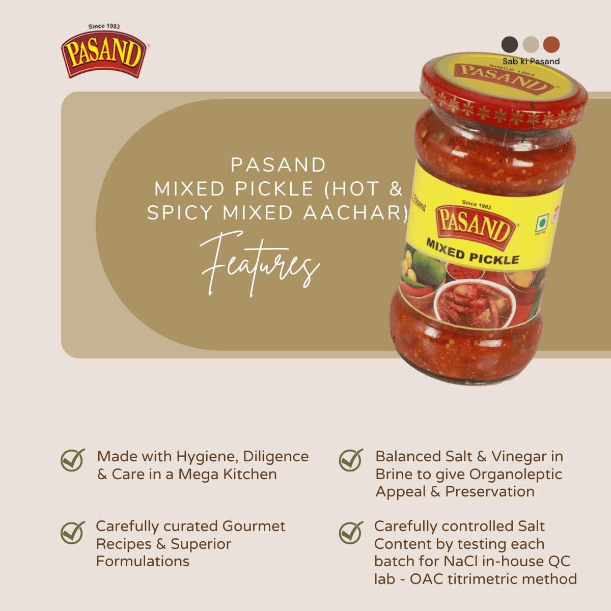 PASAND Mixed Pickle 300g | Hot & Spicy Mixed Vegetable Achar | Raw Mango, Lemon, Carrot, Green Chilli & Ginger Pickle | Traditional Homemade Style Indian Pickle | Glass jar 2