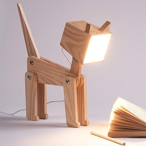 Lámpara de mesita de noche única con cuerpo ajustable para gato, lámpara de escritorio de madera divertida con interruptor táctil regulable, luz