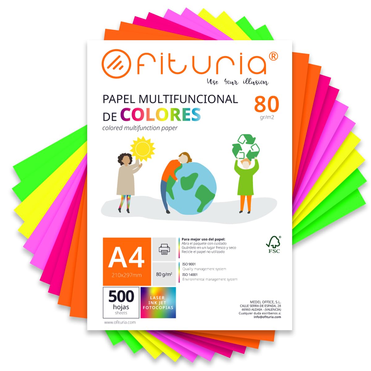 Coloured Sheets, Pack 500 Sheets A4 80 g – Coloured Paper for Crafts, Printer, Scrapbooking – Folios Colours – Ideal Origami, Papiroflexia, Office and School (Assorted Fluorine, 500h)