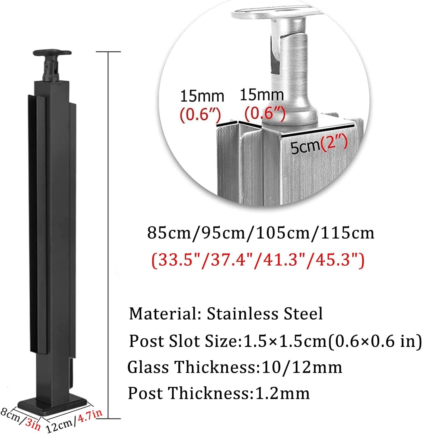 Black Glass Railing Post Stems, for Stair Handrail/Guardrail/Attic Balcony/Indoor Outdoor Deck Fence, 34in / 37in / 41in / 45in Tall (Color : Middle Post, Size : 85cm/33.5in)