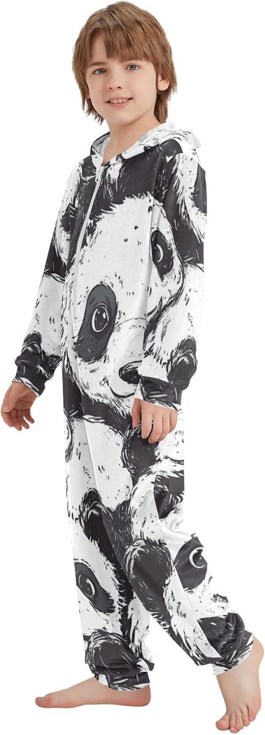 Cartoon Cute Black and White PandaUnisex OnesieLong Sleeve Hooded Sleepwear Holiday Loungewearfor Parties Sleepovers