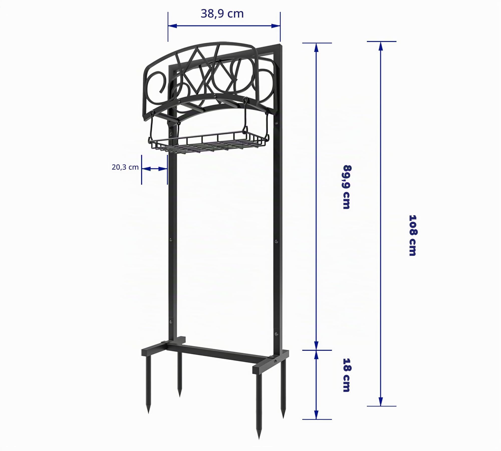 Organizer autoportante per tubo da giardino con finitura verniciata a polvere nera, supporto per tubo rimovibile resistente, contiene tubo da 150 m, include cestino portaoggetti e strumenti