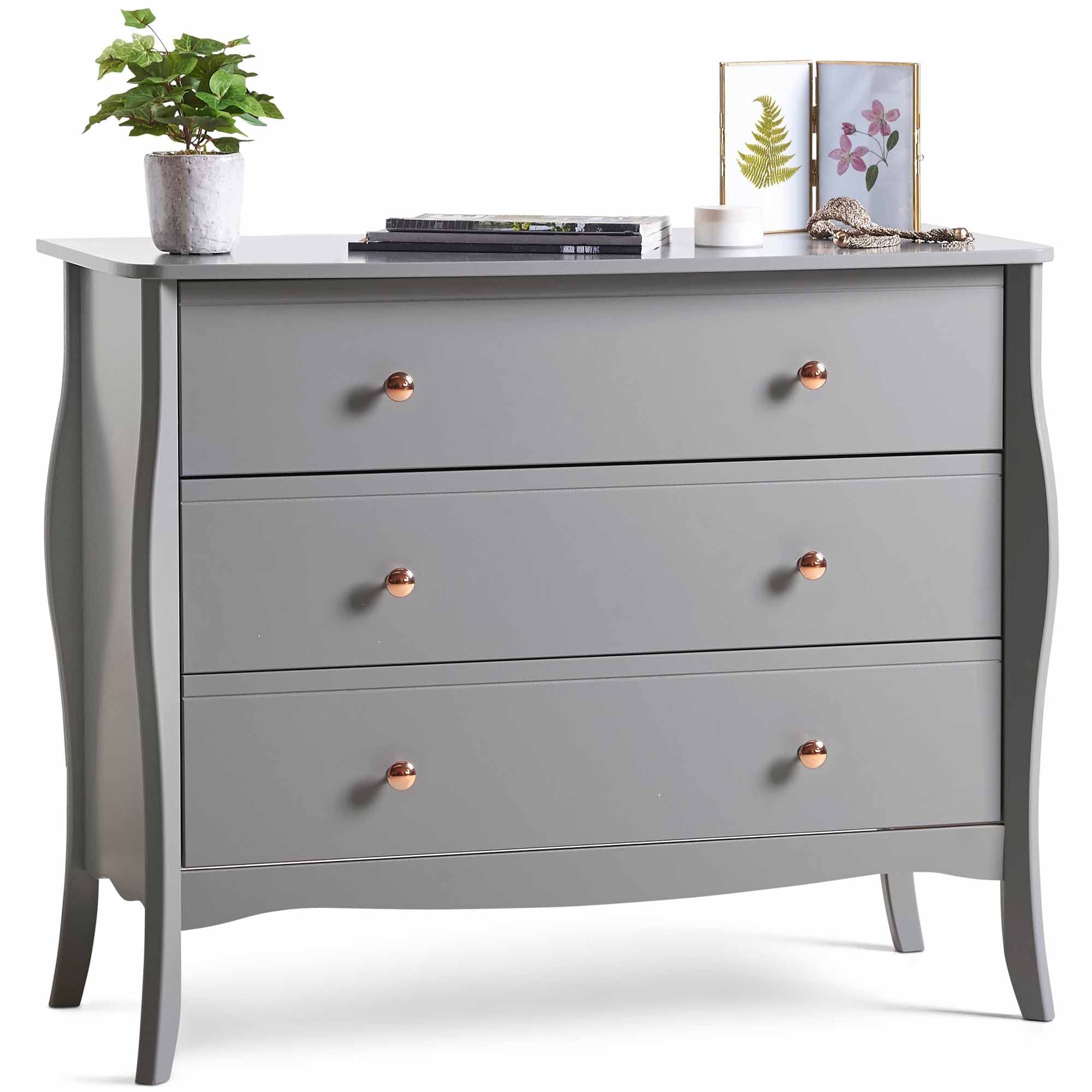 BTFY Grey Chest of Drawers for Bedroom - Baroque Design Bedroom Cabinet with 3 Drawers - Vintage Style Dresser - Clothes Storage Cabinet with Curved Legs & Rose Gold Handles - Clothing Storage - Grace