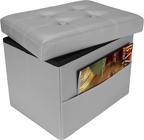 Miniatura 45 de FujDun® Reposapiés otomano plegable de almacenamiento con bolsillo lateral, reposapiés para sofá, asiento otomano de cuero para sala de estar,