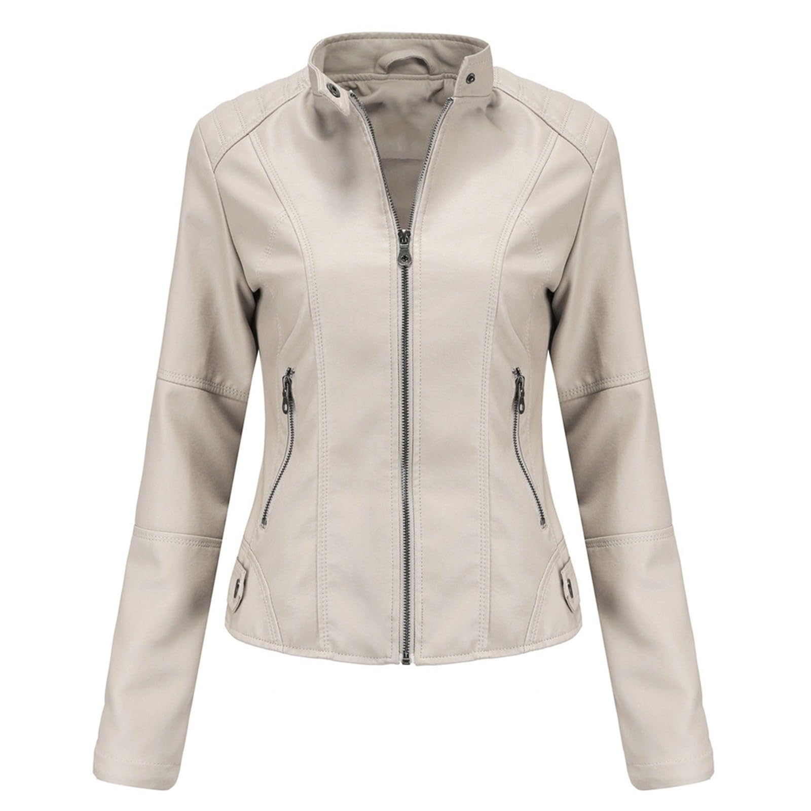 Veste courte en cuir pour femme - Col montant - Veste en cuir synthétique - Fermeture éclair - Grande taille - Veste en cuir pour femme - Automne et hiver - Veste demi-saison en cuir synthétique