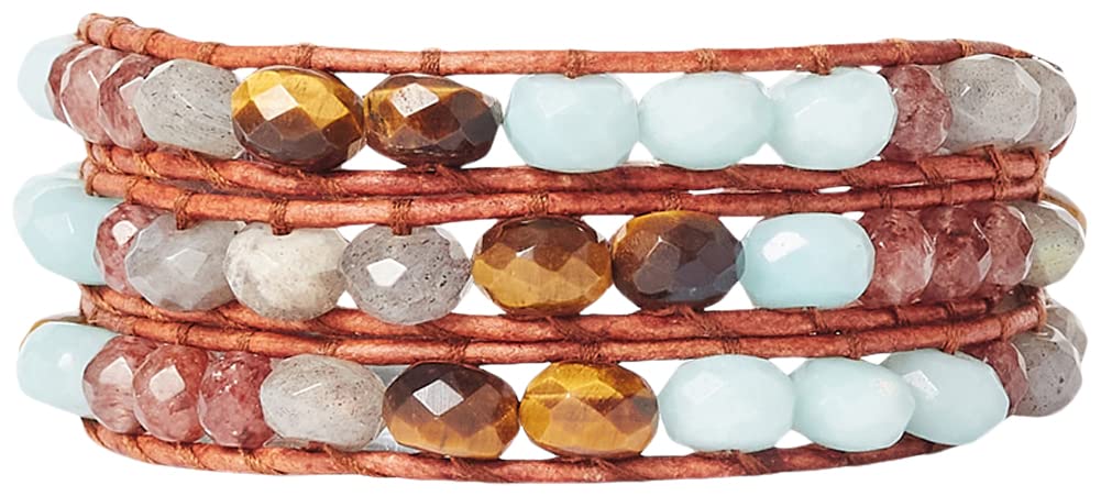 Chan LuuAmazonite and Labradorite Semi Precious Stones Wrap Bracelet, one size, Leather, Amazonite