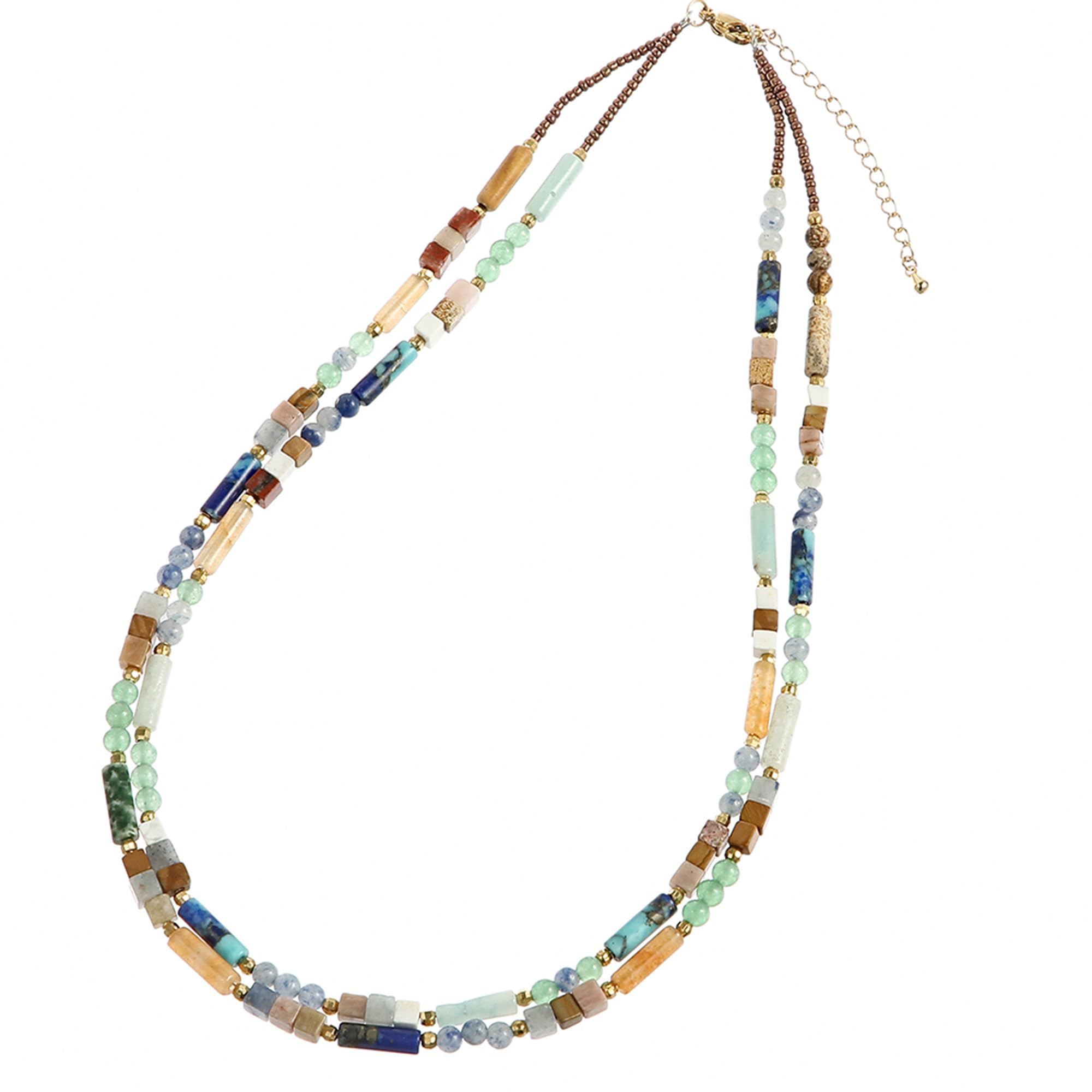 Plumiss Boho Handmade Natural Jasper Stone Beaded Crystal Mixed Strand Short Necklace for Women