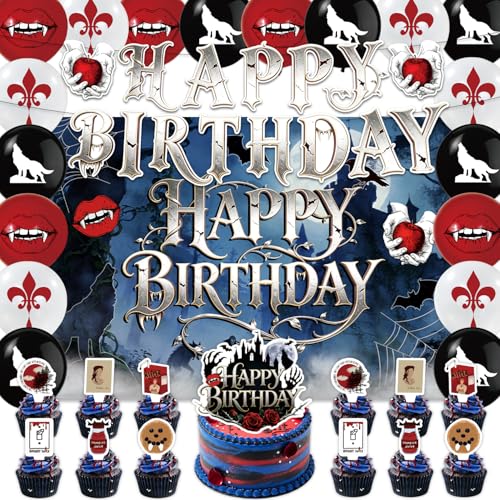 42Pcs Saga of Twilight Birthday Party Decorations Include Cake Topper Cupcake Toppers Saga of Twilight Happy Birthday Party Flag Banner and Balloons Backdrop