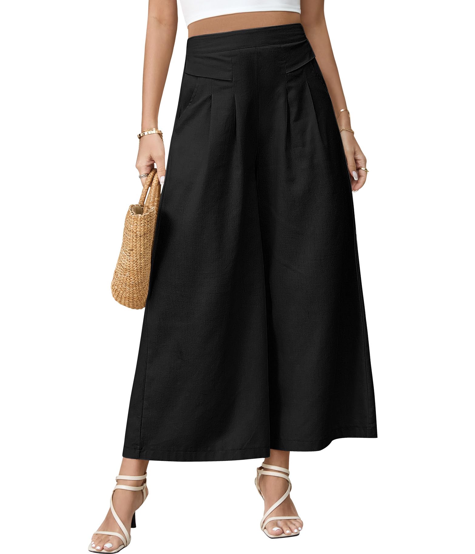 PASUDA Pantaloni Donna Pantaloni in Lino Estivi 7/8 Pantalone Gamba Larga Leggeri Larghi Pantaloni Elastici in Vita con Tasche Tinta Unita Casual Pantaloni Donna Comodi