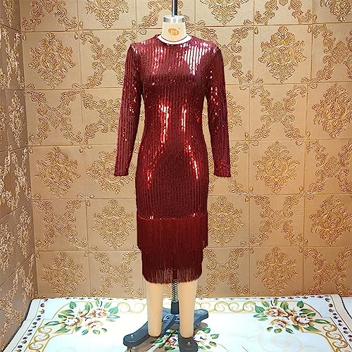 Image of Cololura Sexy Elegant Women Sequin Long Sleeve Tassel Bodycon Midi Dress Party Evening Gown Formal Dress