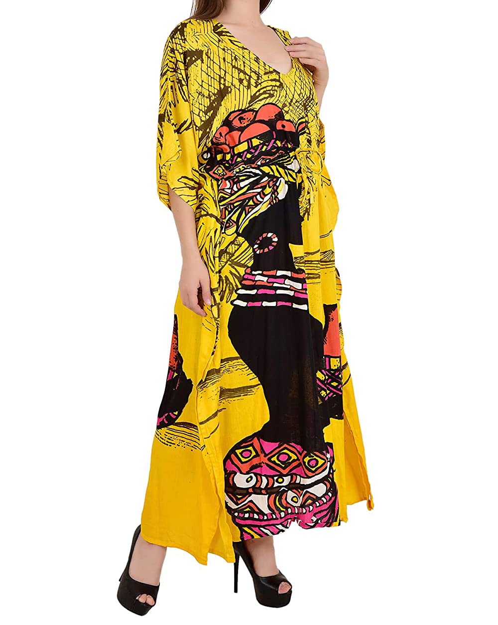 Ukal Caftan en coton pour femme - Impression numérique - Caftan - Robe longue - Longueur cheville - Sarong - Jaune - Taille unique