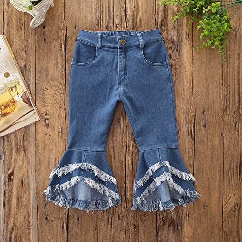 Girls Bell Bottom Denim Pants Ruffle Tassel Jeans High Waist Casual Flare Pants with Pockets for Toddler Kids3
