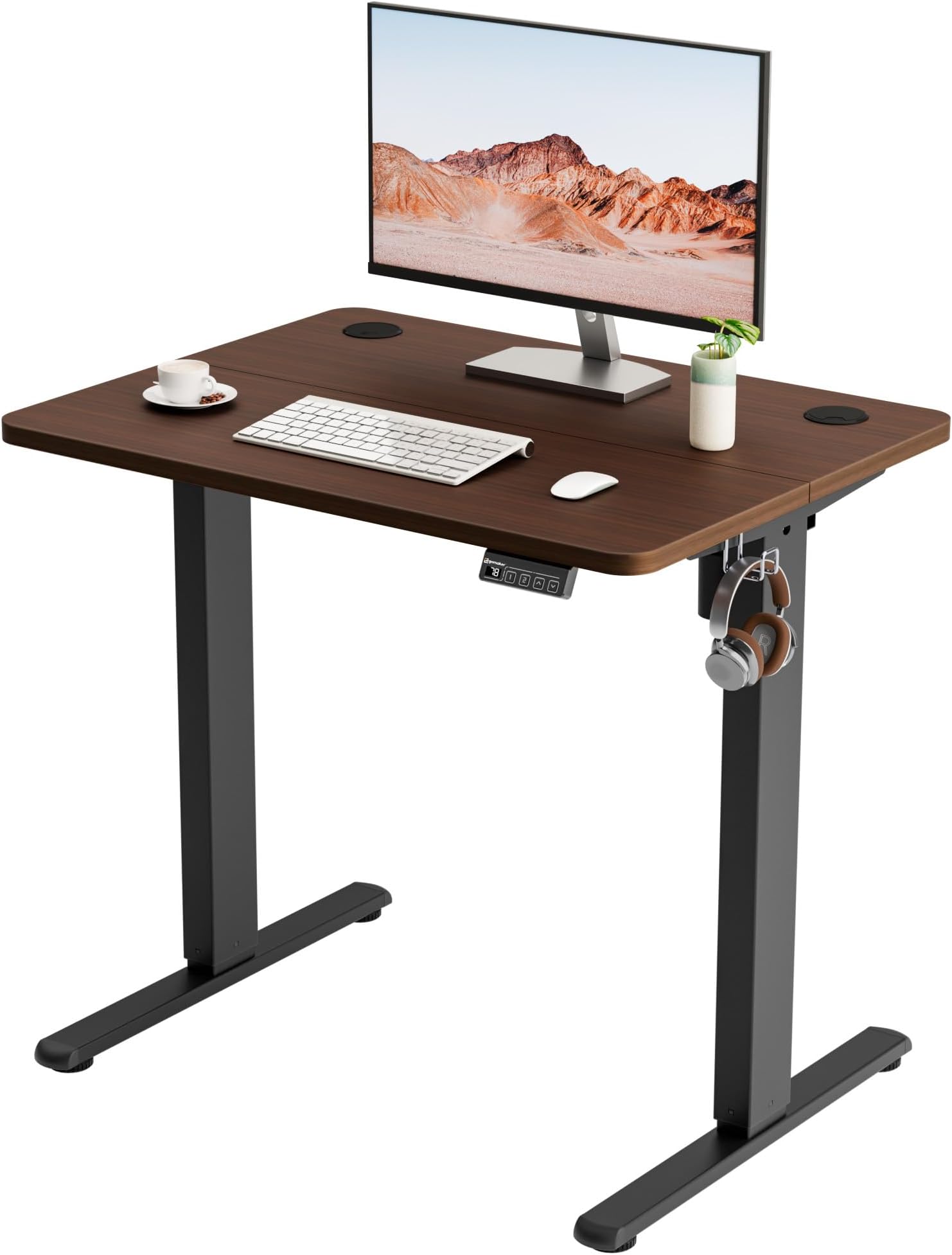Electric Standing Desk 80x60cm, 2 Memory Presets, Black Walnut | 73-118cm Lift, 70kg load, 2 Hooks, Smart Panel Safety Lock, Cable Management, Splice Board, for Home Office Gaming