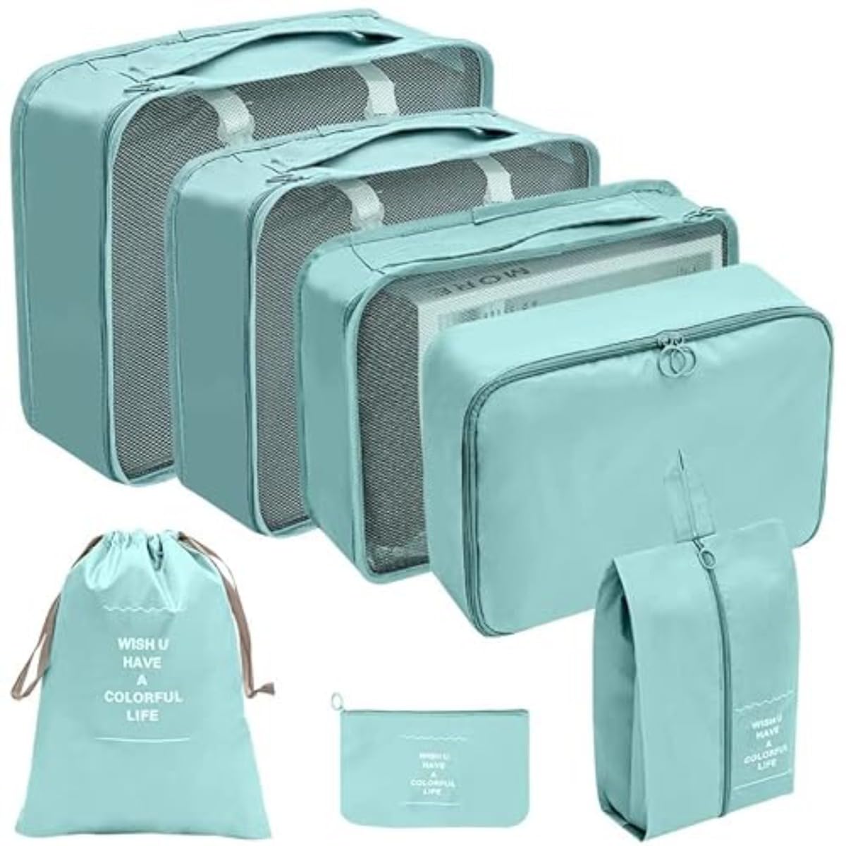 Gelimy Blue 7Pcs Packing Cubes For Suitcase, Waterproof Travel Luggage Organiser Compression Bag Essential Set In