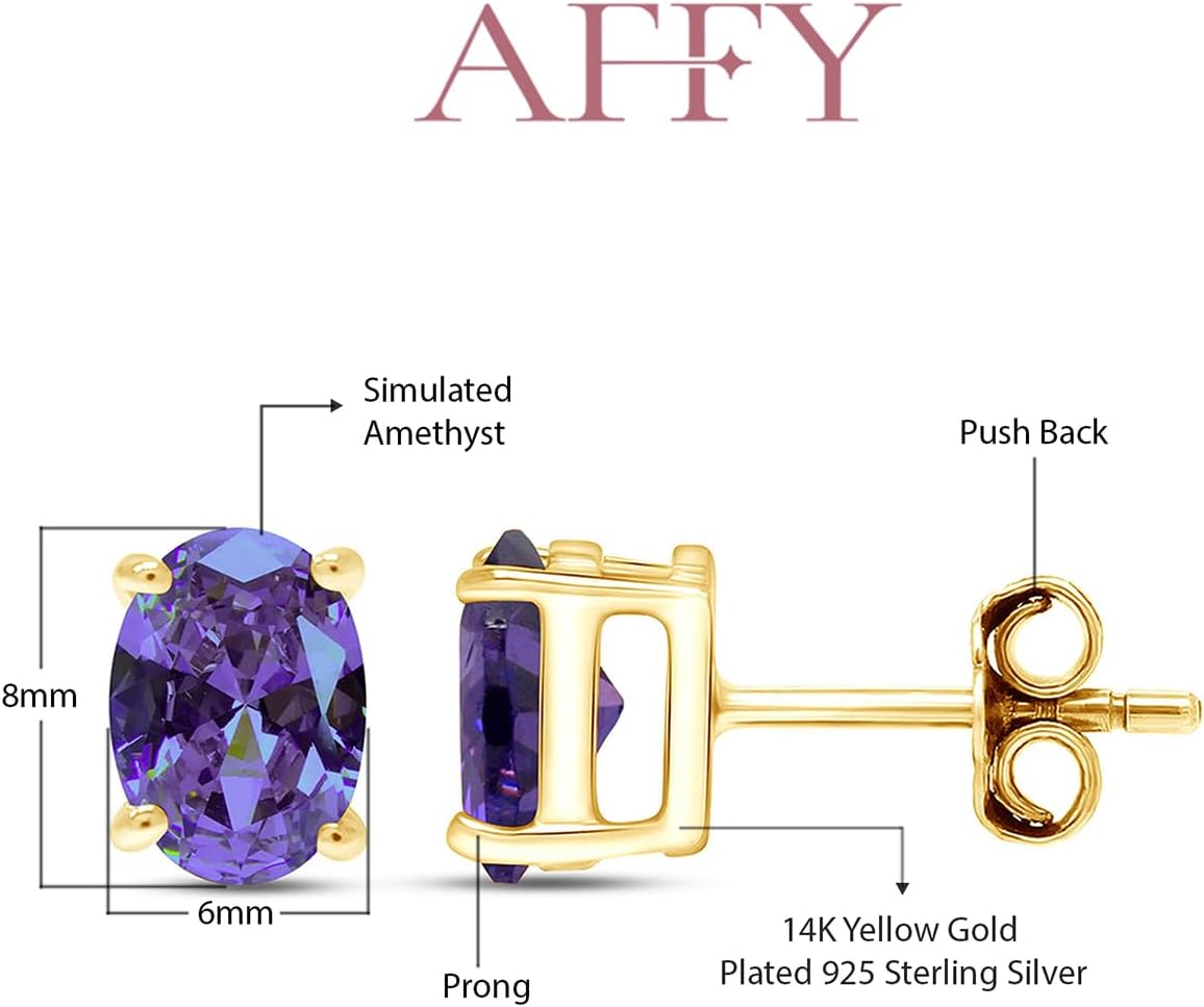 Birthstone Solitaire Stud Earrings for Women, 8x6mm Oval Cut Simulated Gemstone Studs in 14K Yellow Gold Plated 925 Sterling Silver Push Back Earrings, Jewelry Gift for Her - Image 2