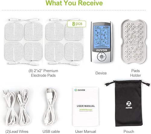 Miniatura 8 de AUVON Estimulador muscular recargable TENS 24 modos de máquina TENS de 4 generación con 8 almohadillas de electrodos prémium de 2 x 2 pulgadas para