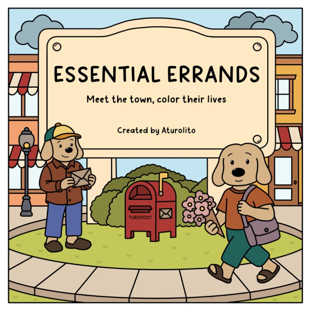 Essential Errands – Aturolito: Relaxing Adult Coloring Book of Small Town Life with 30 Charming Characters, Shops, and Everyday Errands