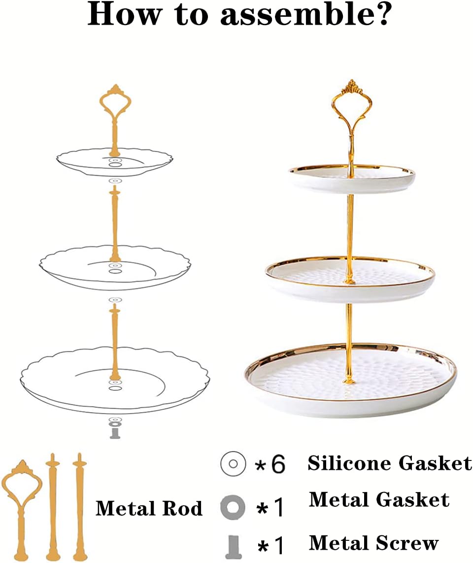 CofeLife 3 Tier Ceramic Cake Stand - Elegant Dessert Cupcake Stand - Pastry Serving Tray Platter for Tea Party, Wedding and Birthday (White Gold)