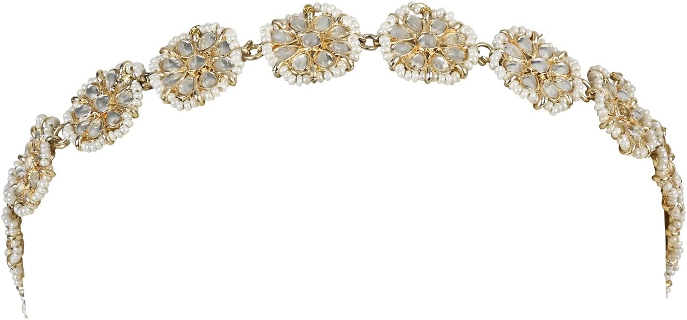 I Jewels Gold Plated Indian Wedding Bollywood Floral Kundan Pearl Studded Rajasthani Sheeshphool/Mathapatti for Women (T206-7)