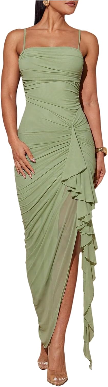 Floerns Women's Elegant Mesh Cami Dress Ruched Ruffle Side Slit Bodycon Maxi Prom Dresses
