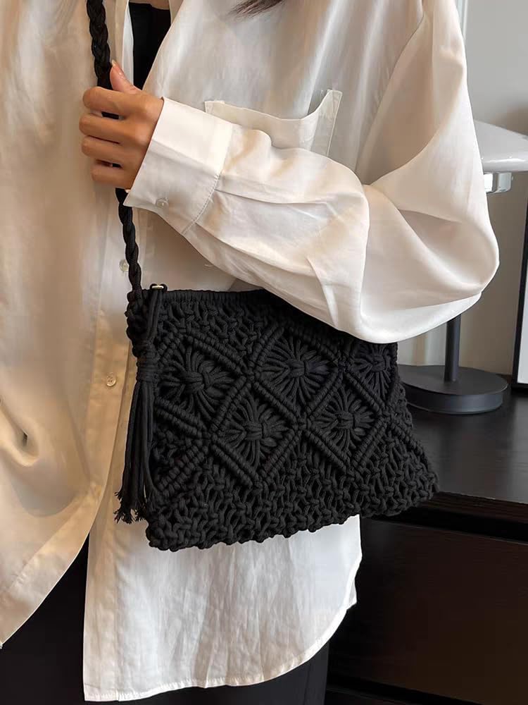 Boho Crocheted Purse Summer Beach Crossbody Bag Bohemian Shoulder Bag Crochet Handmade Purse Travel Clutch Handbag - Image 4