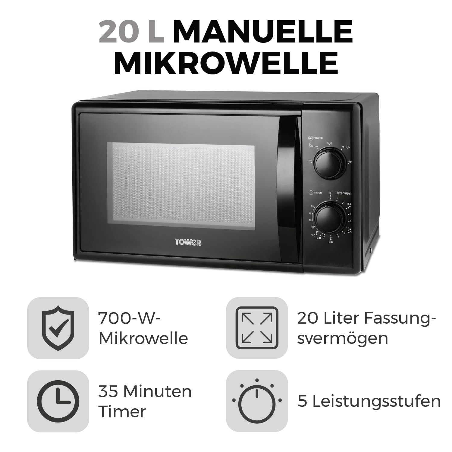 Tower T24034BLK 20L 700W Manuelle Mikrowelle mit 5 Leistungsstufen 35 Min Timer Schwarz