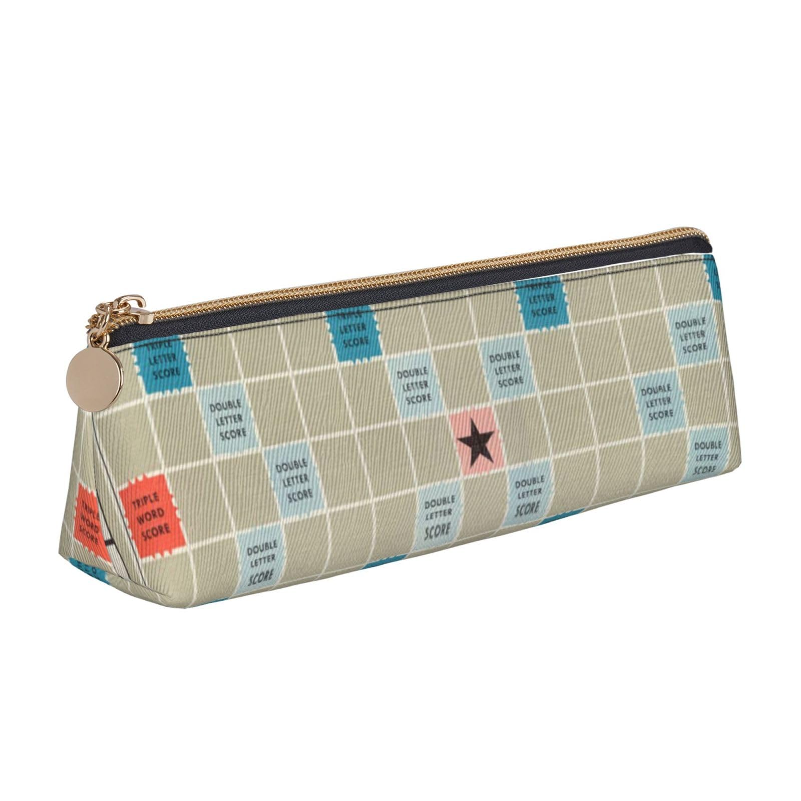 Scrabble Board Print Leather Pencil Case Pen Pouch Triangle Portable Pencil Pouch With Zipper For Office