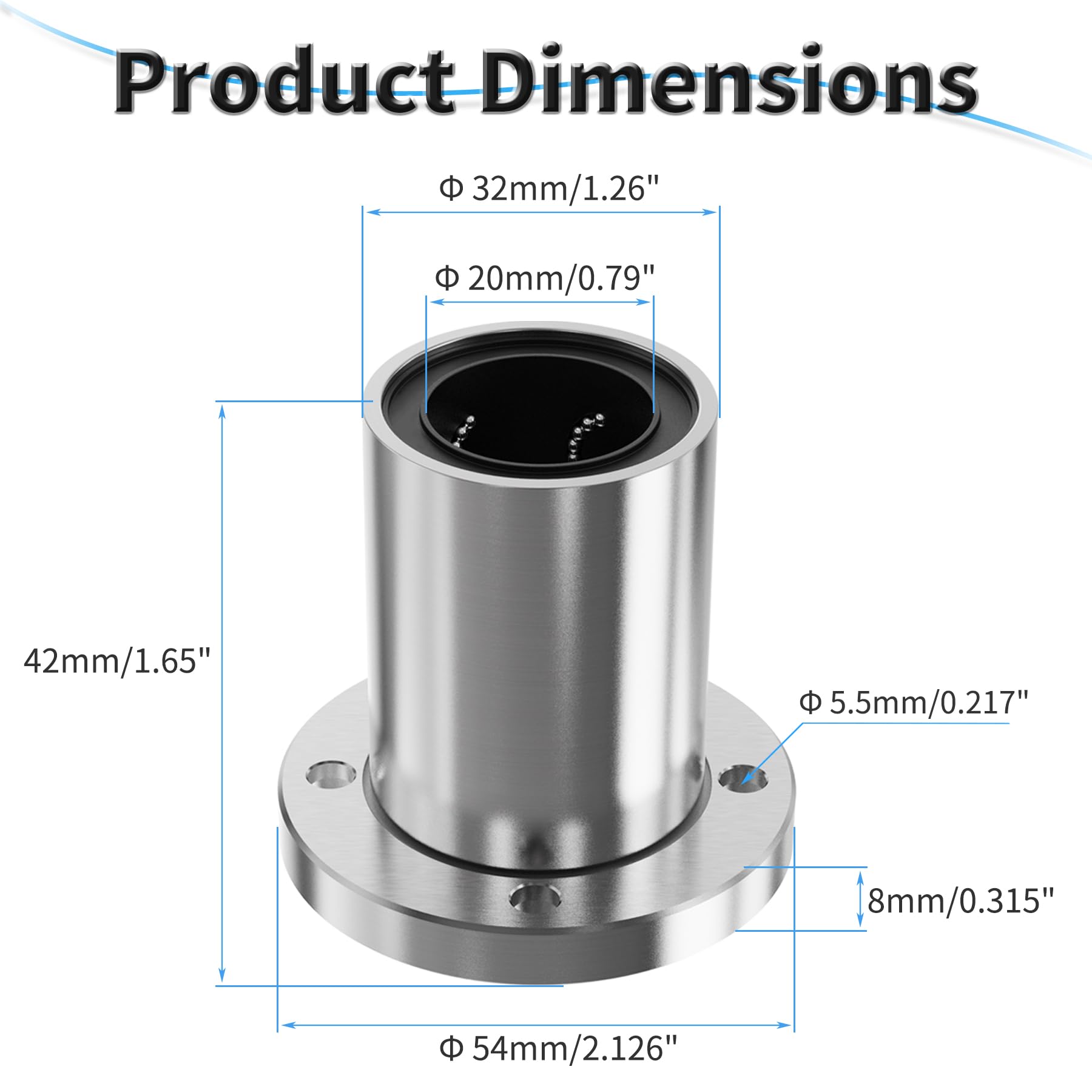 LMF20UU Lot de 4 roulements à billes linéaires à bride ronde, 20 mm x 32 mm x 42 mm de long avec roulement à billes à mouvement linéaire à double joint pour imprimantes 3D, bague coulissante