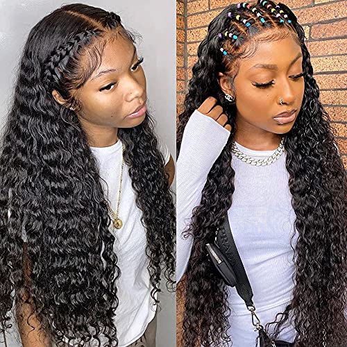 HD Lace Front Wigs Human Hair Deep Wave Lace Closure Wig 100% Unprocessed Virgin Deep Wave Human Hair Pre Plucked with Baby Hair 180% Density Remy Human Hair Wigs Natural Color (28 inch) …
