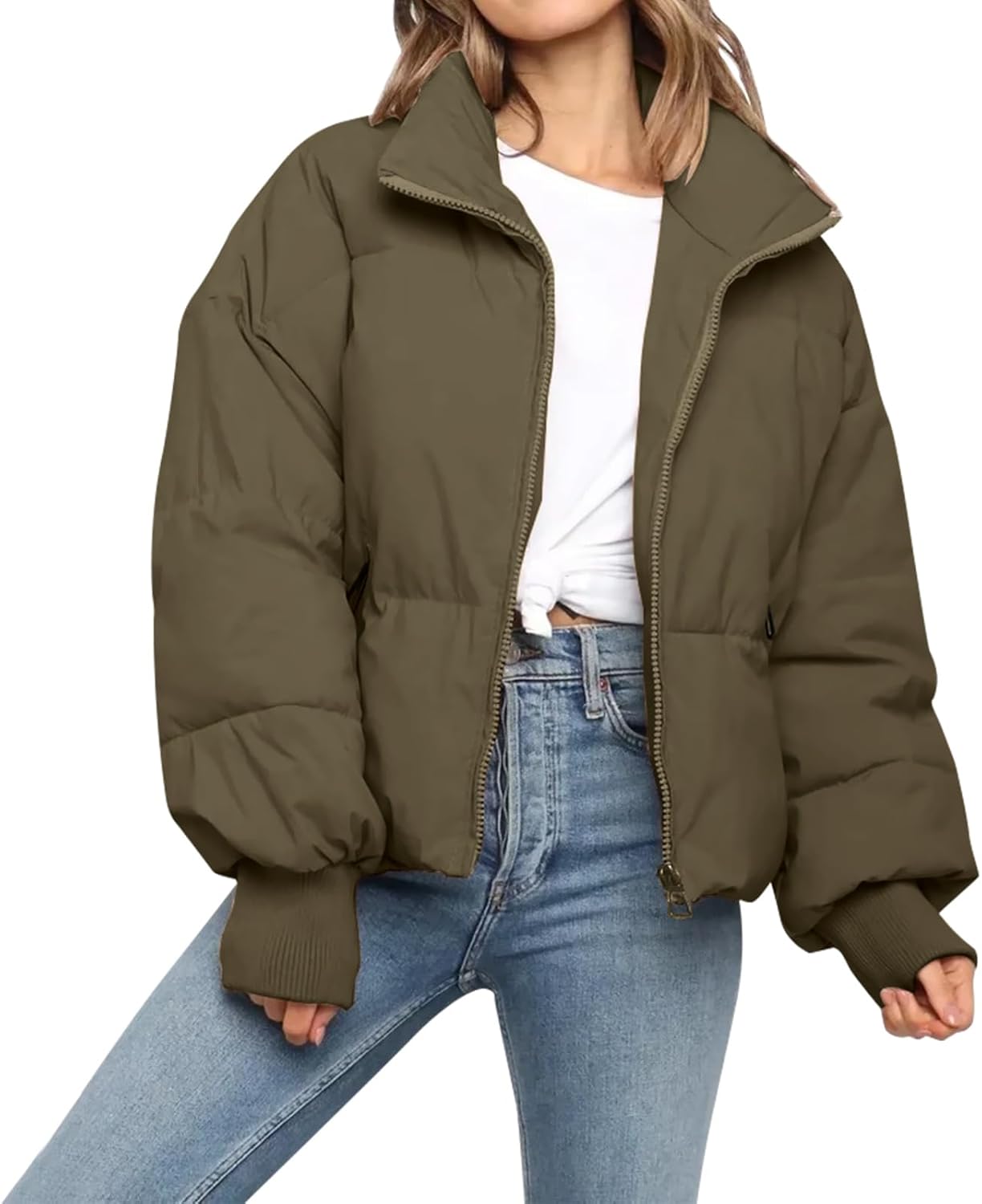 Women’s Winter Cropped Puffer Jacket Coat Casual Quilted Baggy Long Sleeve Zip Down Jackets Outerwear