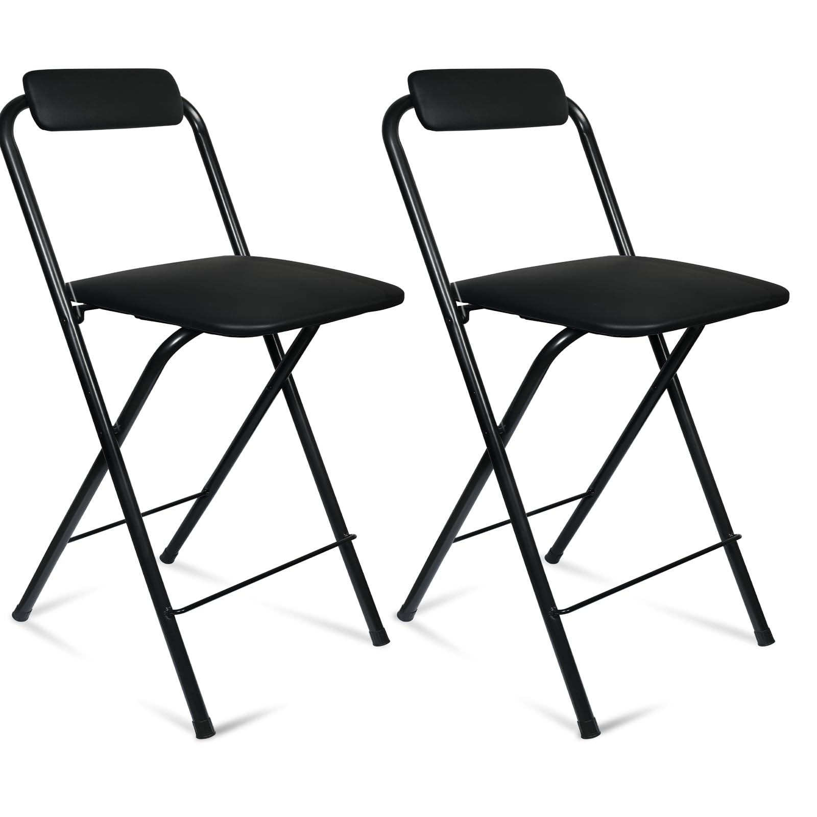 Folding Bar Stool with Back, Tall Foldable Stool Chair Portable Adult Folding Chair Counter Height Seat Leather Padded Kitchen Shop Cafe Black (2PCS, 25.5 inch)