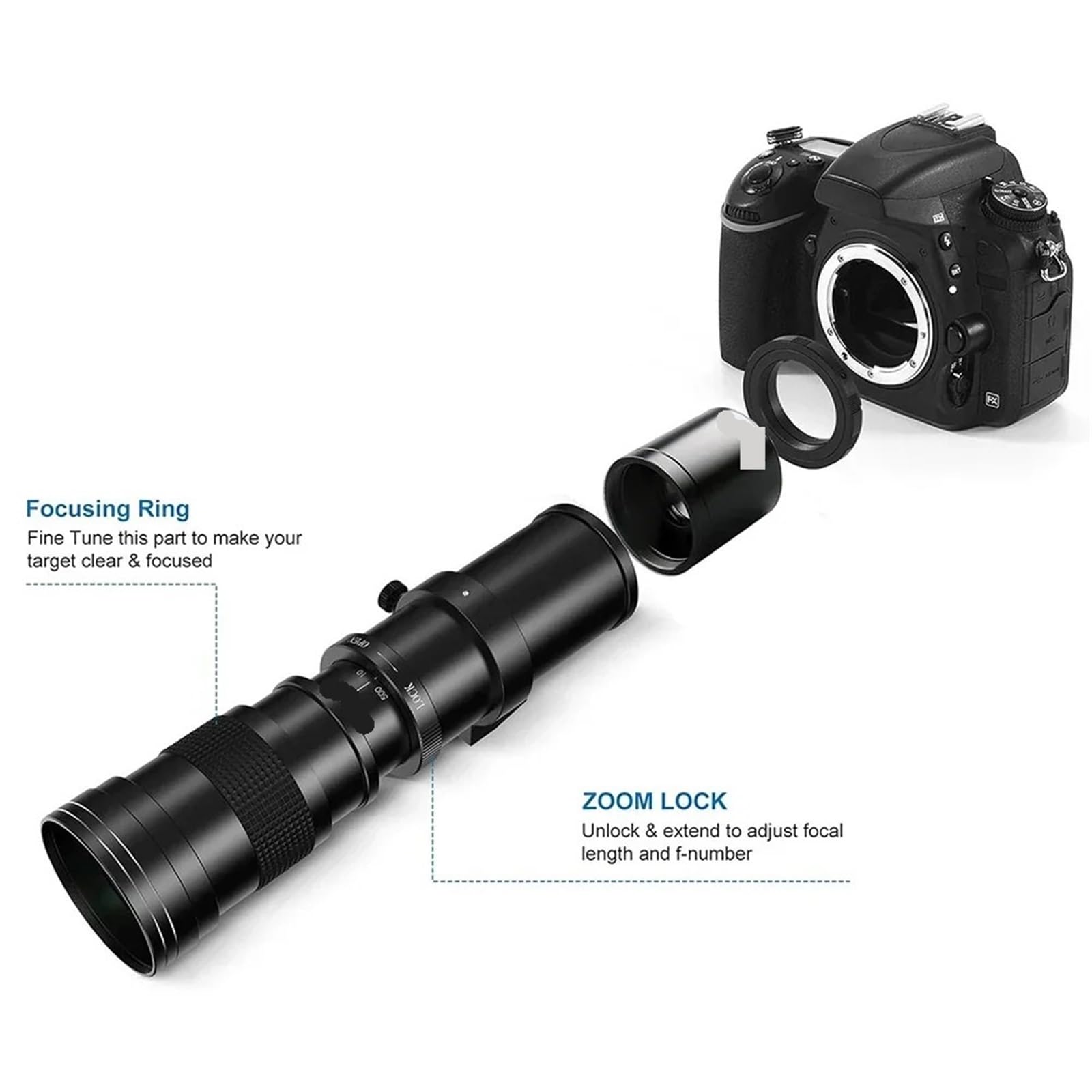 Compatibile con obiettivo zoom super teleobiettivo manuale Sony 420-800mm F8.3-16 con anello adattatore(A mount)