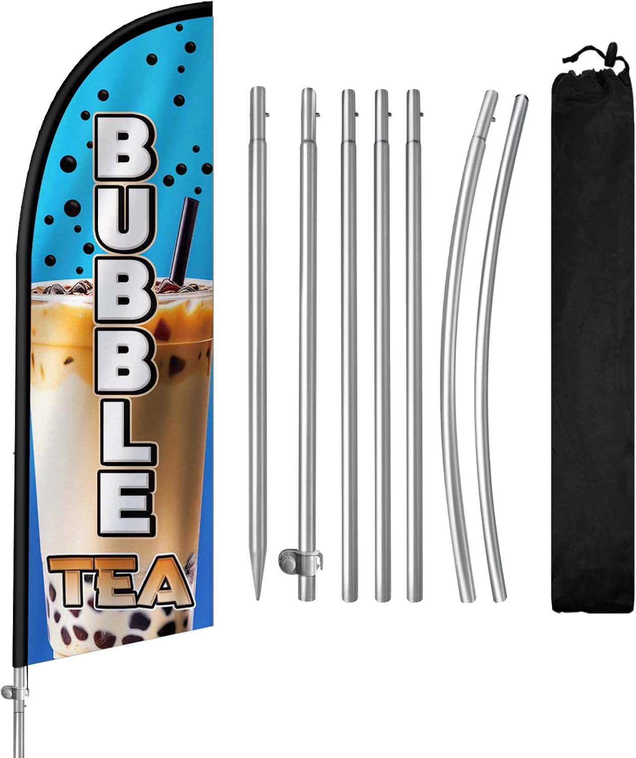 Bubble Tea Flag for Business, Bubble Tea 8FT Polyester Advertising Swooper Flag with Aluminium Alloy Flag Pole Kit, Stainless Steel, Ground Spike, Portable Bag