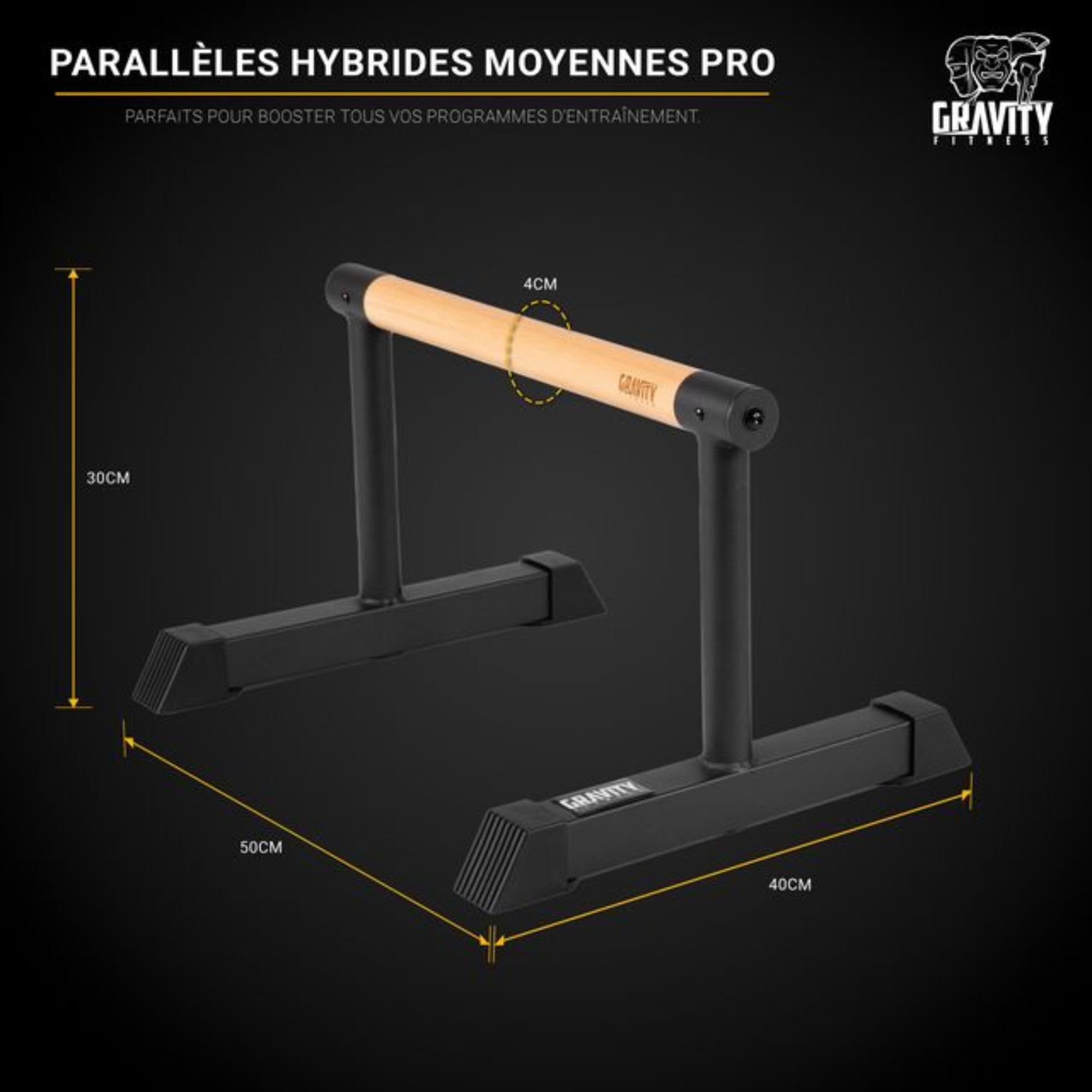 Gravity Fitness Parallèles Moyennes avec Poignées en Bois Hybrides – Barres Stables pour Calisthénie, Gymnastique, Poids du Corps, Idéales pour Salle de Sport à Domicile ou Commerciale