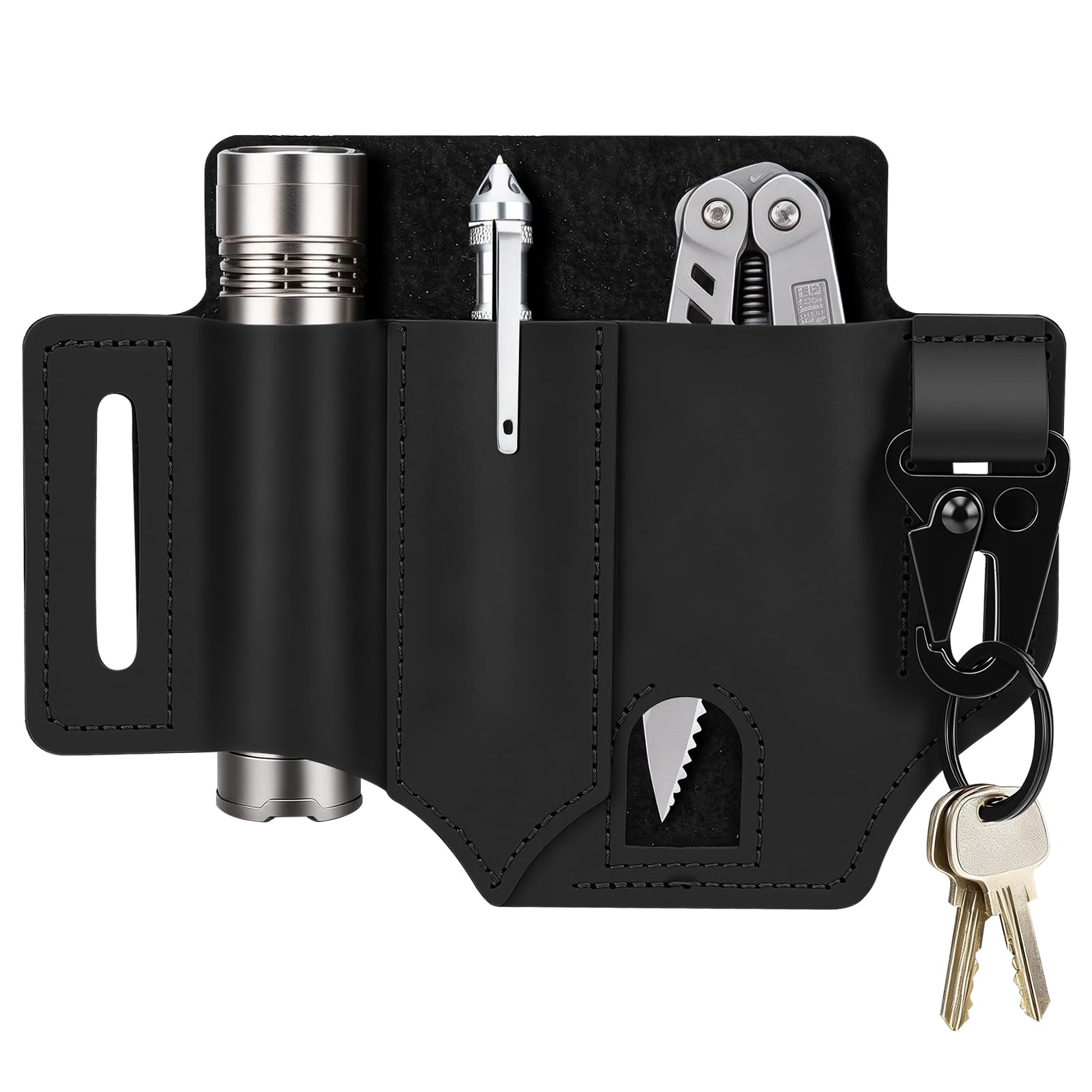 EDC Multitool Sheath for Belt,Leather Belt Pouch with Pen,Flashlight,Keychain Clip,Knife Leather Sheath for Men,Multifunctional Organizer Sheath for Daily Use,Gift,and Work (Black, A)