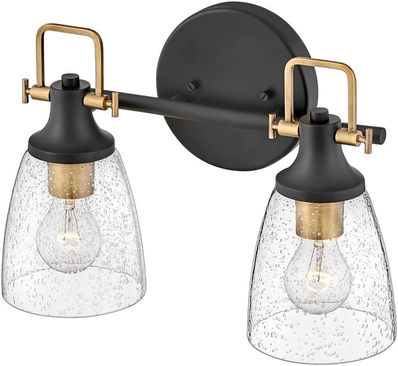 Hinkley Easton Two Light Bath Vanity Fixture, Modern Industrial, Clear Seedy Glass Shade, Mounts Up or Down, Black and Heritage Brass