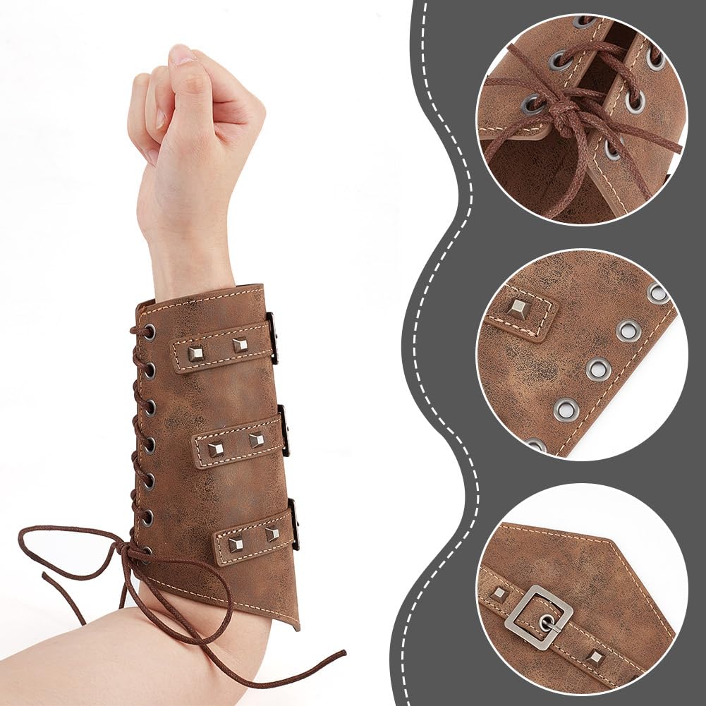 DELORIGIN 2pcs Leather Buckle Arm Bracers Camel Magician Retro Renaissance Arm Guard Medieval Vintage Knight Arm Guards Magic Archer Gauntlets Cosplay Stage Costume Props for Halloween - Image 3