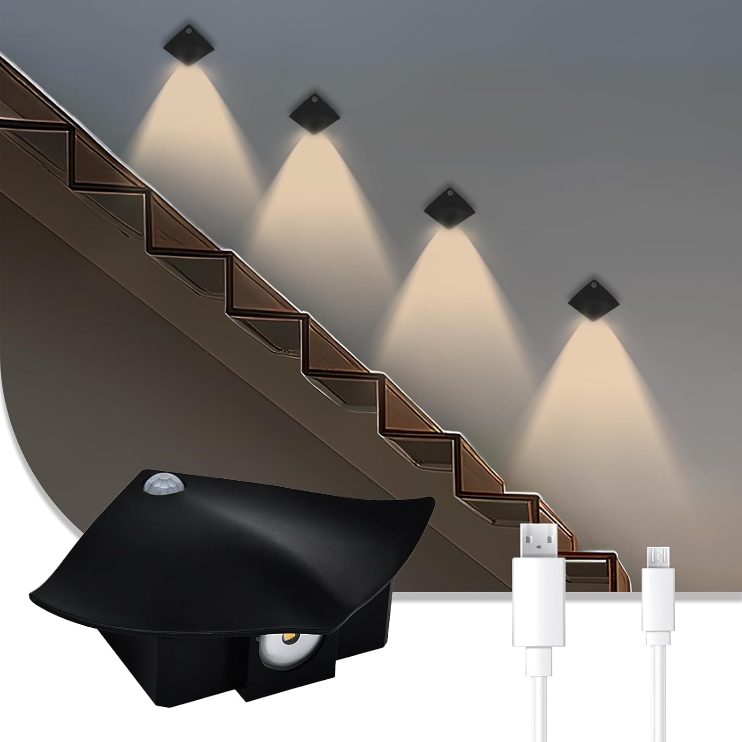 Lemical Night Light Indoor, 1 Pack LED Motion Sensor Stair Lights, 1200mAh Large Battery Rechargeable Wall Mounted Lamp, Magnetic 3000K Warm White Lights, Wall Sconces for Stairway, Hallway (Black)