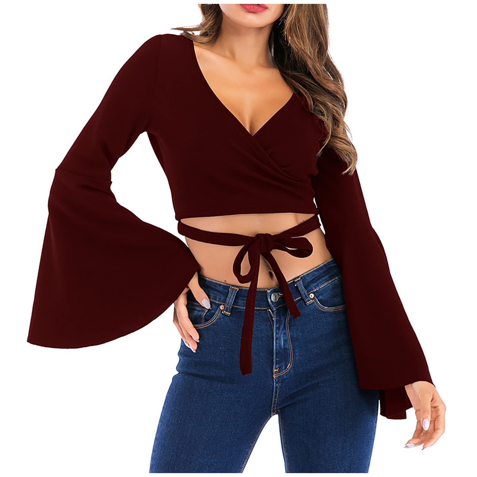 Rkaixuni Women's Wine Black Of Friday Week Casual Long Bell Sleeve Crop Tops Loose V-Neck T Shirt Flare Sleeve Shirt Tops Wrap Blouse 2024 Fashion Clothes