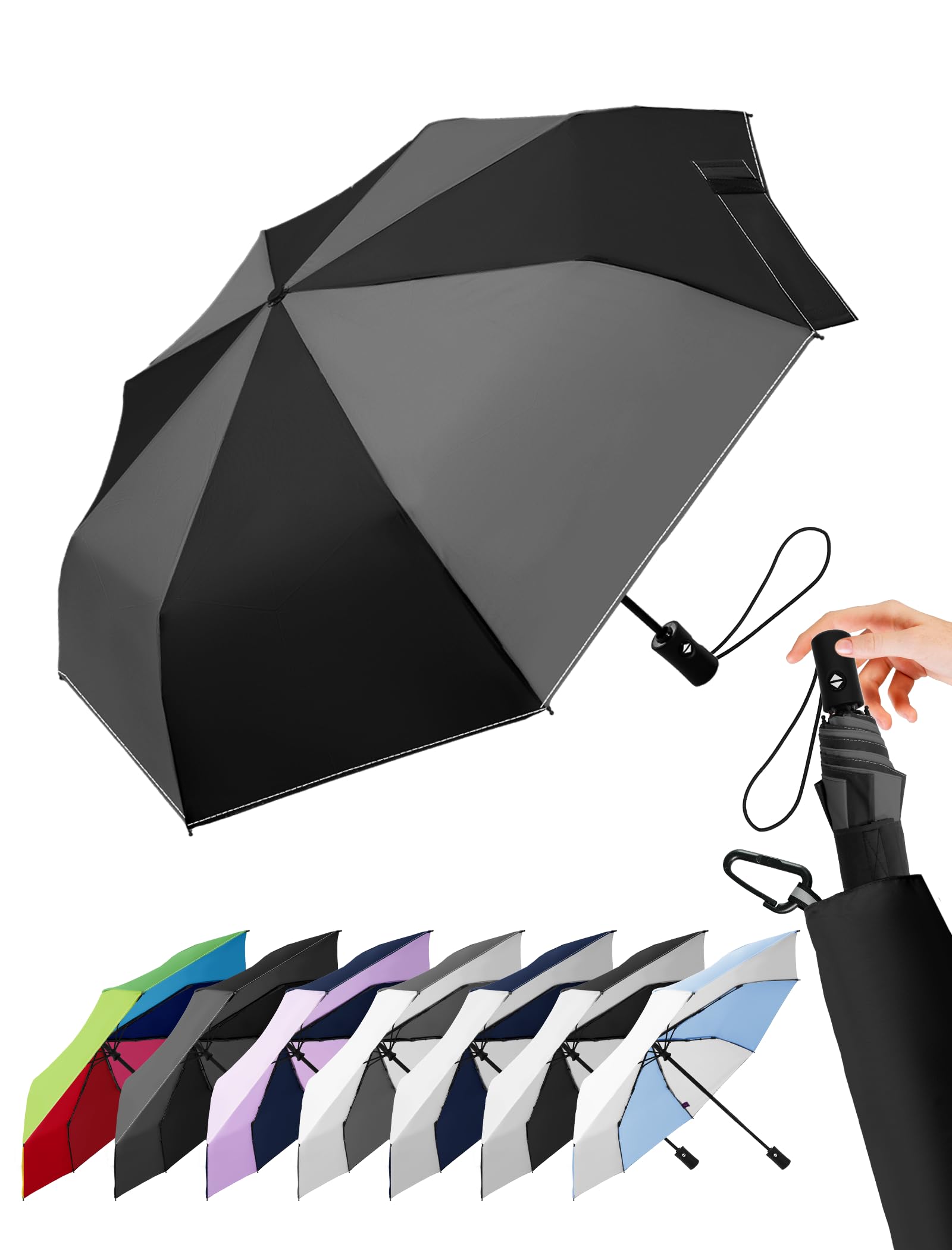 LILAC Regenschirm Klein Stabil Windfest, 110cm Taschenschirm Auf-Zu-Automatik, Kompakter Reiseschirm mit Klettverschluss & Karabiner, Leicht Faltschirm für Damen Herren
