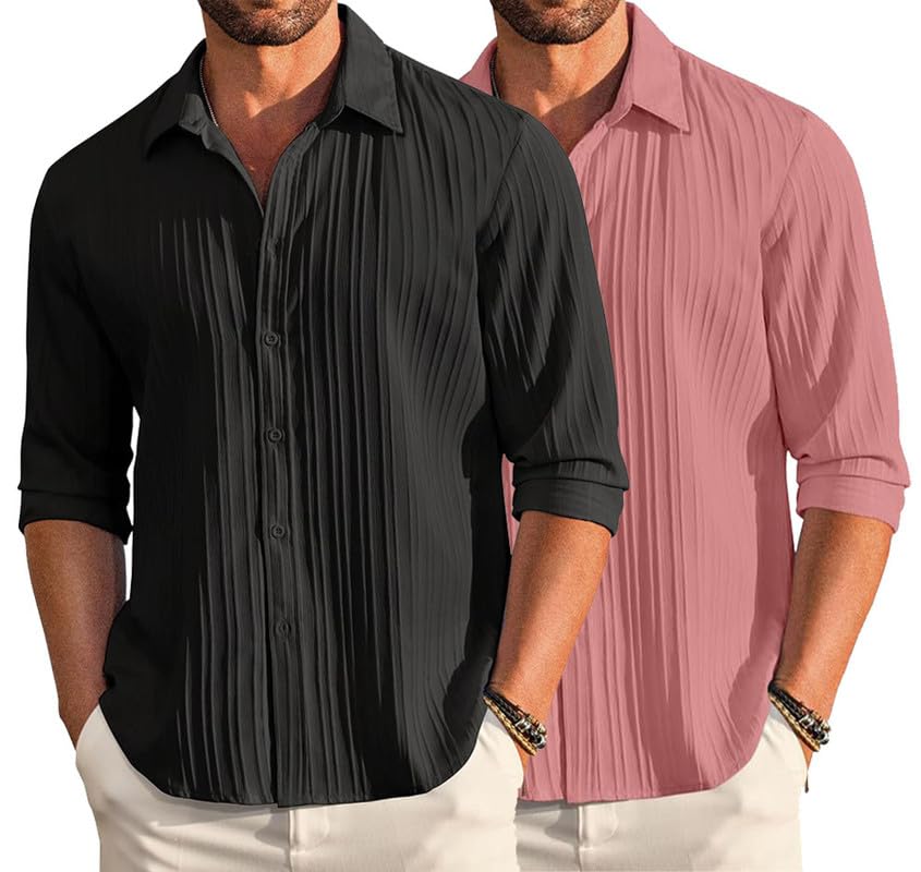 Image of DEELMO Combo of Men's Casual Button Down Shirts Long Sleeve Linen Shirt Fashion Textured Summer Shirts Pack of 2