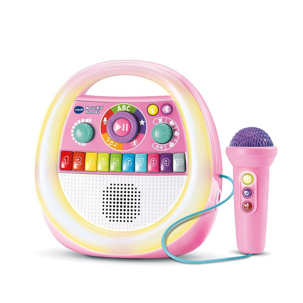 VTech - Music'Kid Karaoké Rose - Enceinte Bluetooth Lumineuse Enfant - Baladeur Musical avec Micro Karaoké, Comptines et Chansons, Enregistreur Vocal - Cadeau Enfant Dès 2 Ans - Contenu en Français