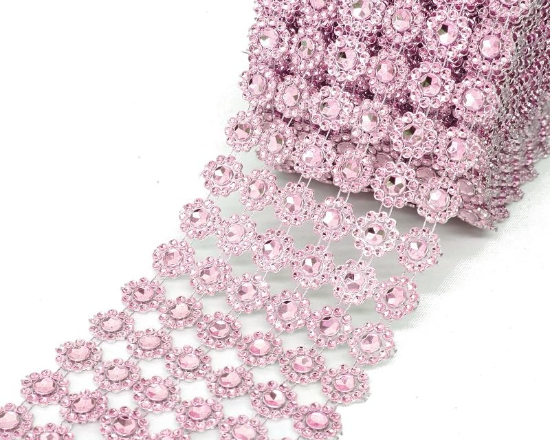 Lassos Boutique 4" x10 Yards (30 Feet) Flower Diamond Mesh Faux Rhinestone Ribbon Wrap for Wedding, Party, and Events Decoration (Pink)