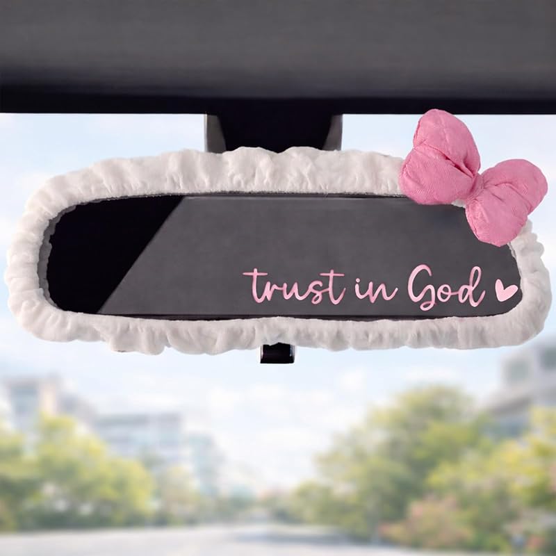 Capa rosa para espelho retrovisor interno SwiftServ com laço e adesivos Trust in God – 1 capa + 2 adesivos