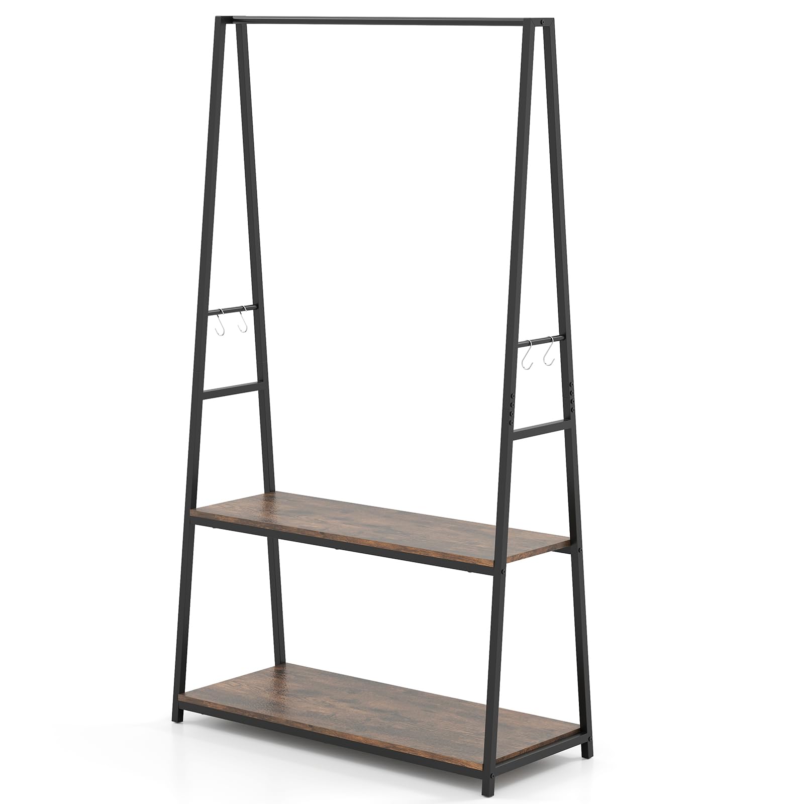 CASART Clothes Rail, Metal Frame Garment Rack with 2 Open Shelves & 4 Hooks, Freestanding Coat Scarf Rack Clothes Hanger Stand for Bedroom Entryway Living Room (Black + Brown)