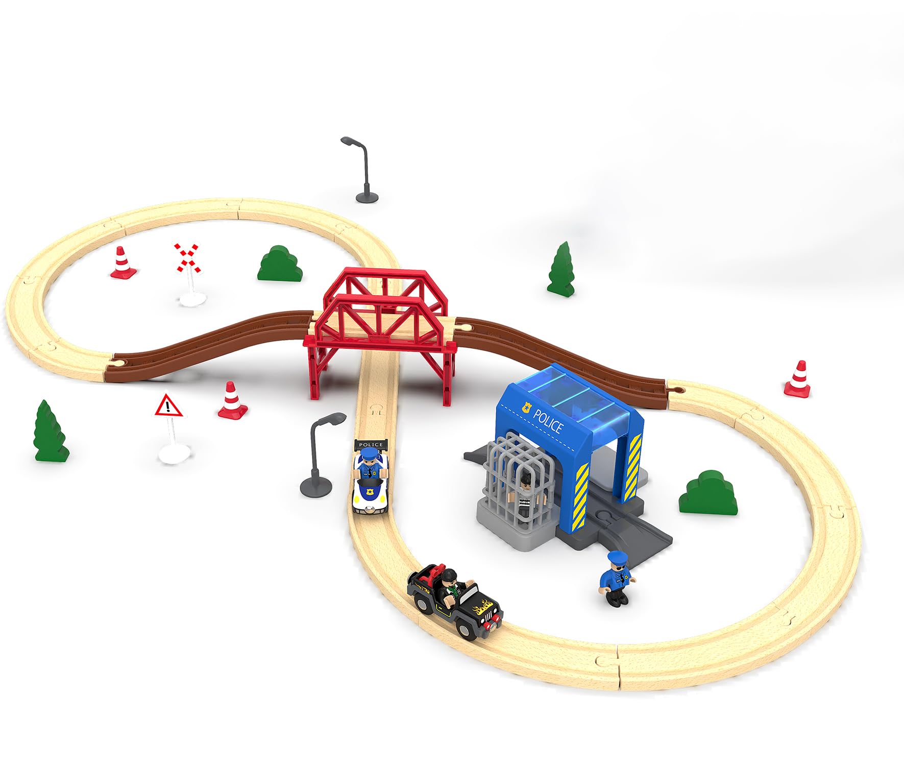 Wooden Railway Set  Police Station Theme with Figure-8 Tracks, 52-Piece Kids Building Toy, Compatible with Thomas and Friends, Brio