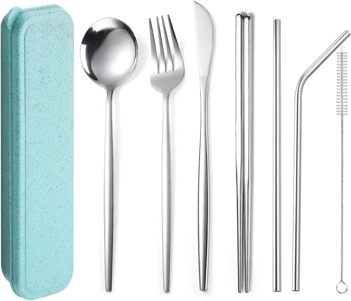 Silverware Flatware Set, Stainless Steel Portable Tableware Set Portuguese Chopsticks Straws Outdoor Camping Knife Fork Spoon(Silver,4Set)