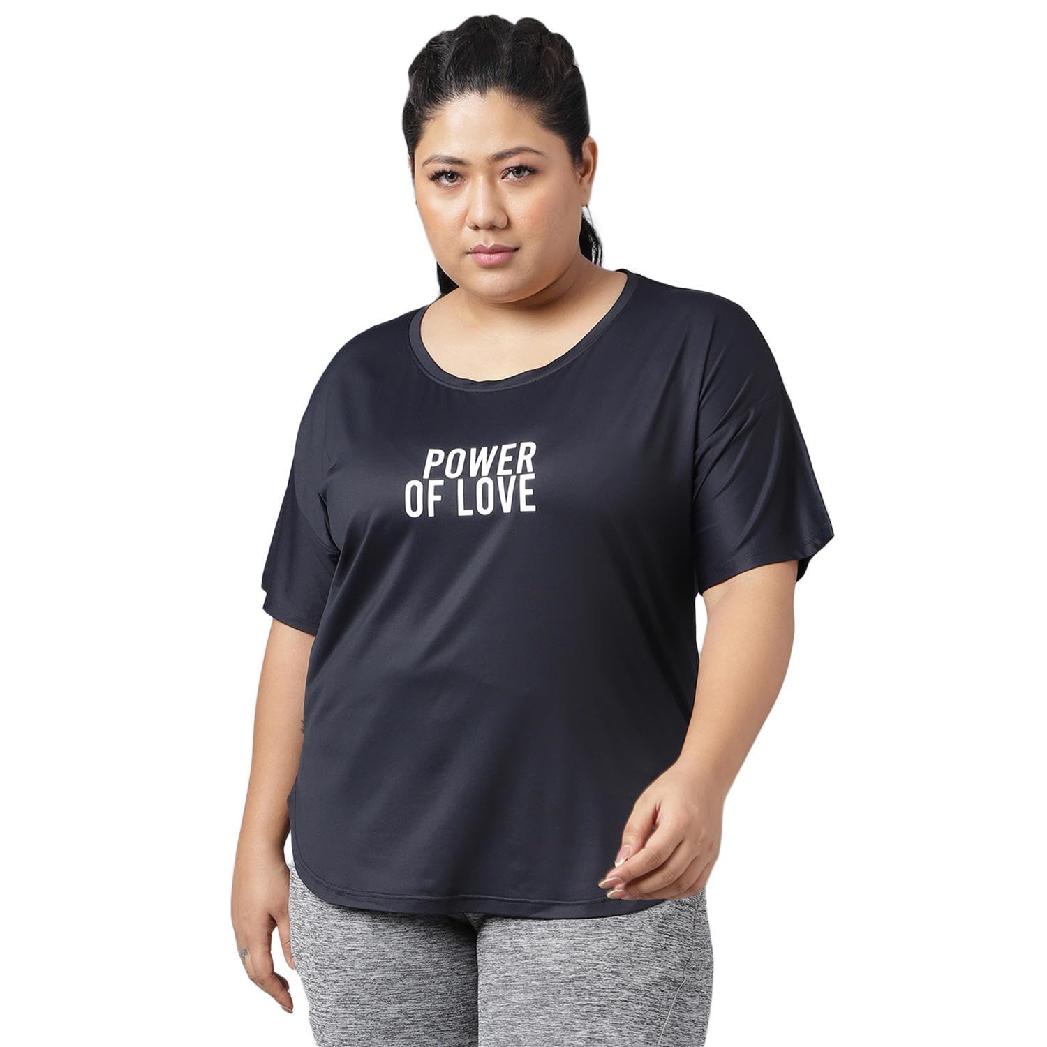 Women's Plus Size Dry Fit Gym Sports T-Shirt | Round Neck POWER LOVE WHITE - BLK - (MKHWT-1276)-image-43